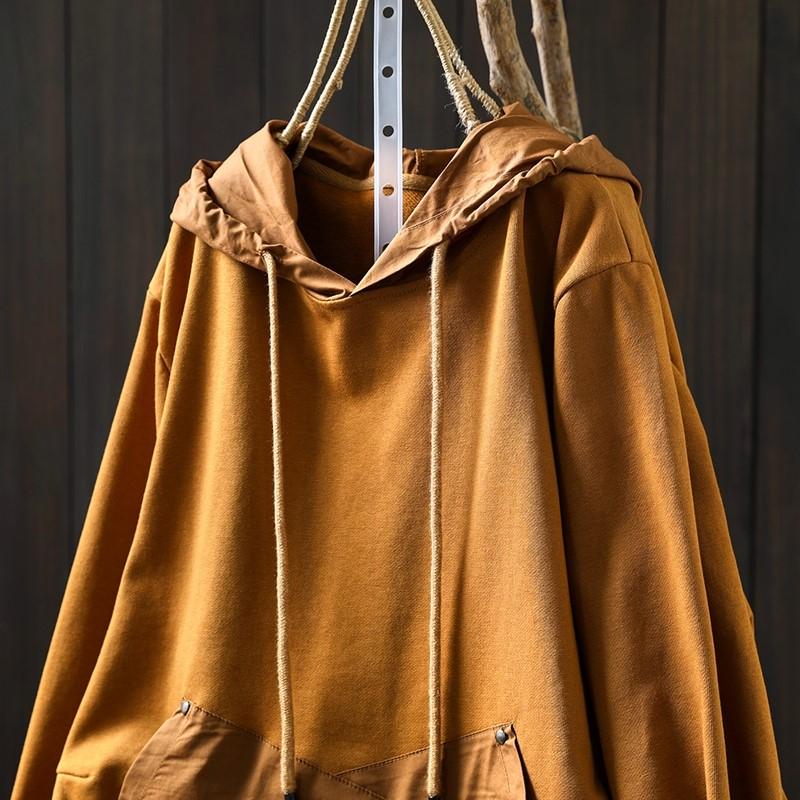 Johnature Women Vintage Hooded T-Shirts Solid Color Patchwork Pockets Autumn Long Sleeve Loose Casual T-Shirts
