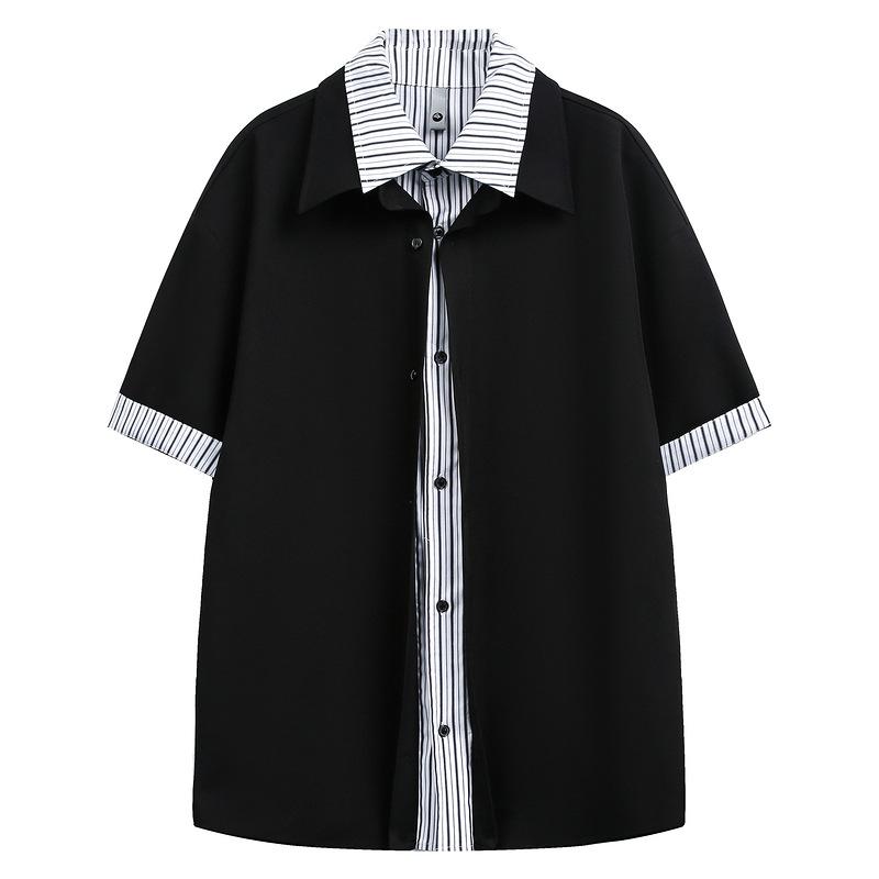 Fake two-piece splicing short-sleeved shirt men s summer student teen striped shirt jacket American ruffian handsome lapel M