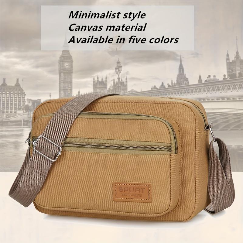 Unisex Casual Canvas Crossbody Bag with Adjustable Strap (51.18inch) - Multi-Compartment Khaki Shoulder Bag for Daily Commute & Travel, Hand Washable