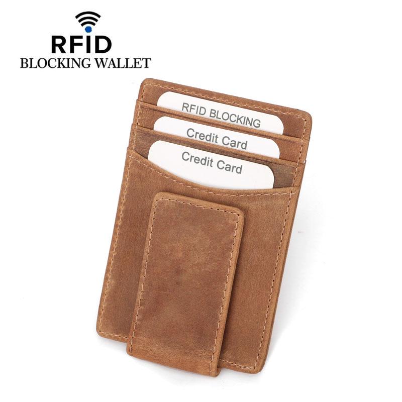 Men's Crazy Horse Card Holder with Magnetic Clip Retro Credit Case