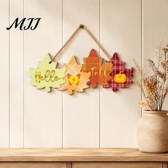 Farmhouse Seasonal Door Hanger Autumn Welcome Sign with Hanging Rope for Front Door, Rustic Maple Leaf Shape Wood Thanksgiving Porch Decor Pumpkin And