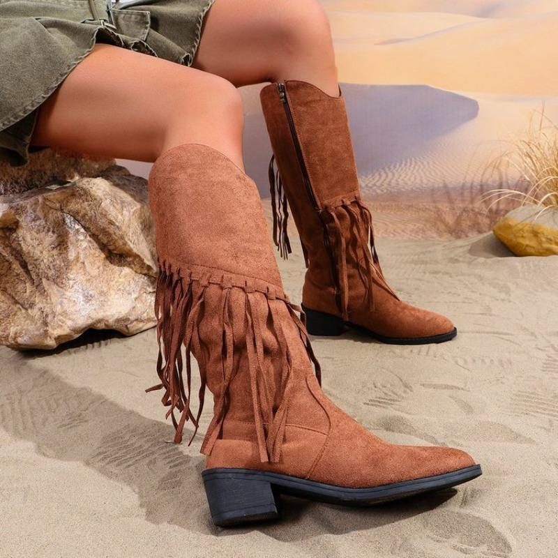 Autumn and Winter New Large Size High Tube Tassel Fashion Boots Women's Outer Wear Square and Tassel