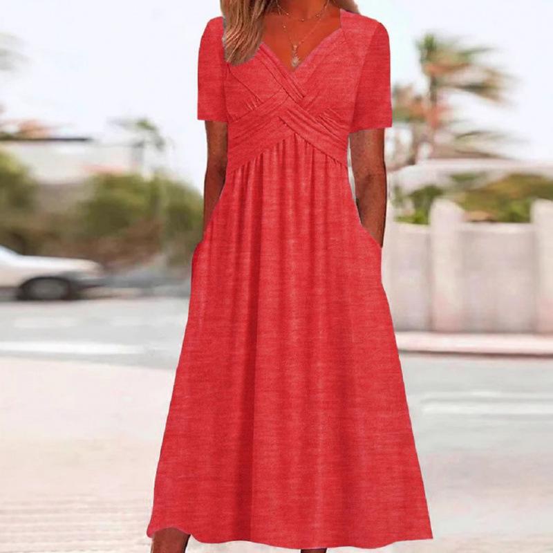 Women's V Neck Short Sleeve Maxi Dress Loose Fit High Waist Casual Summer Long Dress