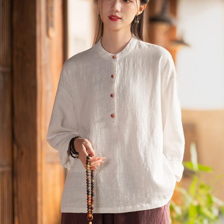 Herbst Baumwolle und Leinen Damen Leinen Stehkragen Farbblock Tellerverschluss Pullover Übergröße Bluse Damen Baumwolle und Leinen Hemd