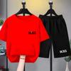 Children's summer short-sleeved printed T-shirt set, white and black T-shirt + shorts two-piece set.