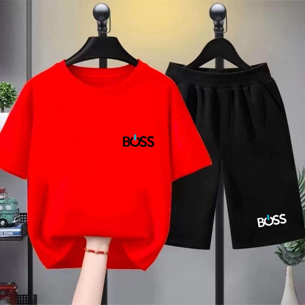 Children's summer short-sleeved printed T-shirt set, white and black T-shirt + shorts two-piece set.