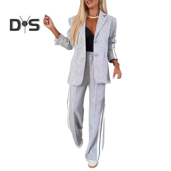 2-teiliges Set mit formellem Mantel und Hose für Damen, Umlegekragen, einreihig, lange Ärmel, Jacke, lockere, gestreifte Hose mit weitem Bein, lässige Alltagskleidung zum Pendeln