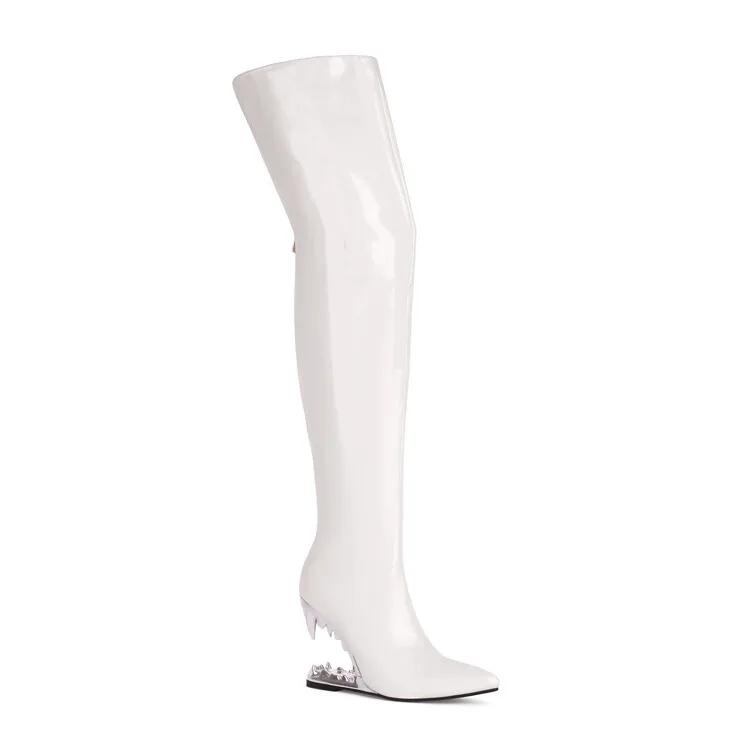 Fashion Silver Tiger Teeth Heel Design 10.5cm High Heels Over Knee Boot Women Winter Metal Hollowed Out Black Green Long Boots Size35-46