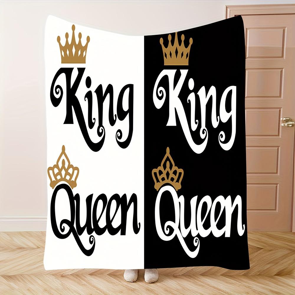 1pc King & Queen Soft Flannel Blanket - Black with White Crown Print, Anti-Tear, All-Season Luxury Throw for Bed, Couch, or Gift