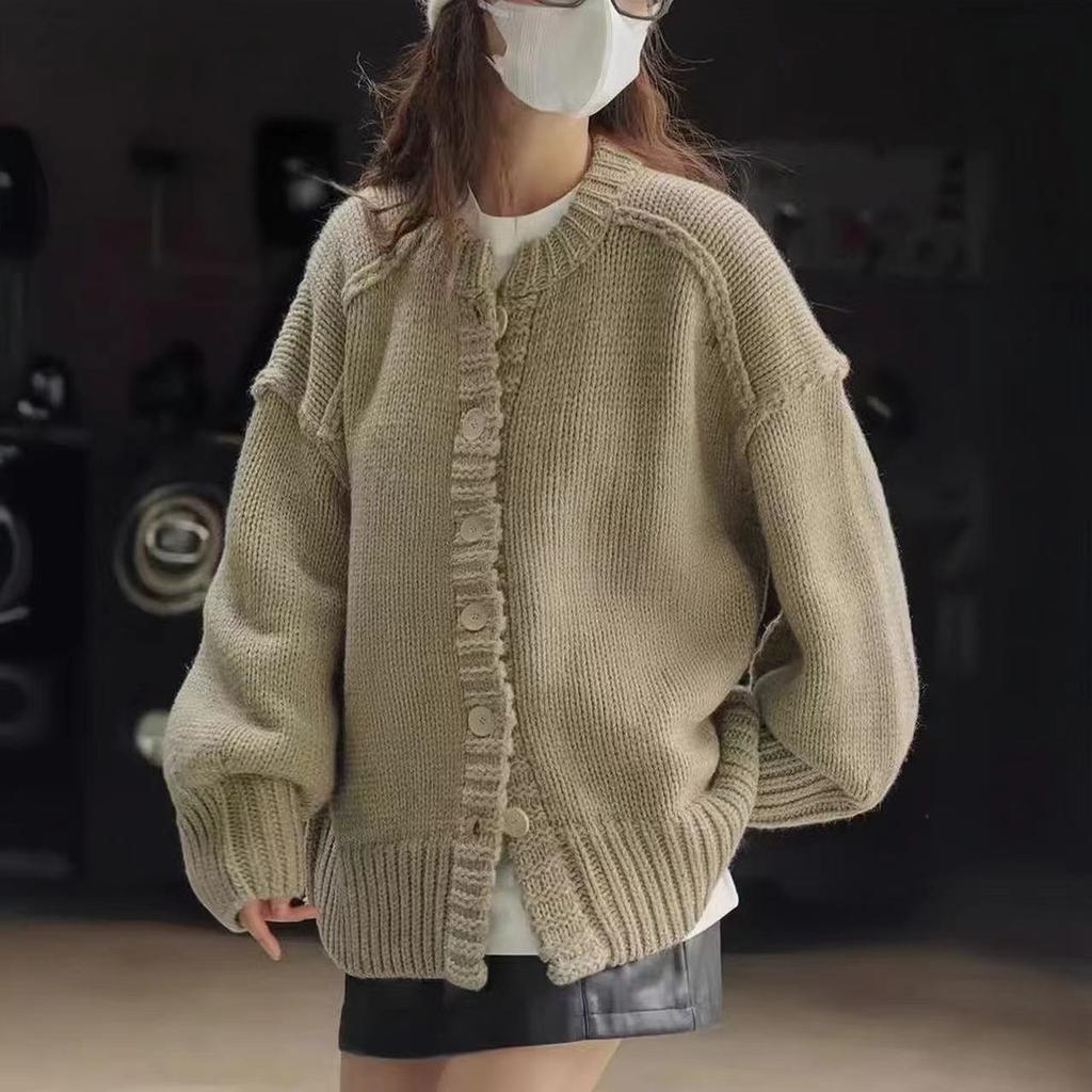 Solid color reverse-set knitted women's cardigan autumn and winter new lazy style casual loose round neck cardigan jacket