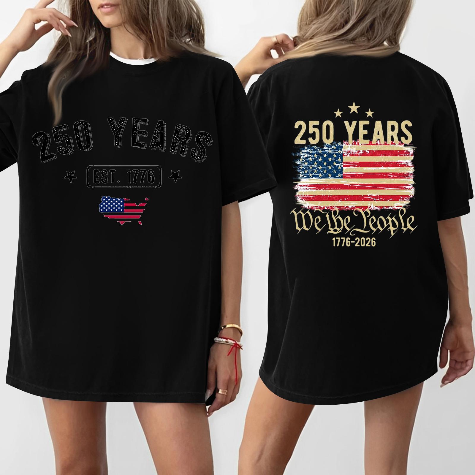

Women s Casual Independence Day 250 Anniversary Printed T-shirt Round Neck Pullover Short Sleeve Top L чёрный