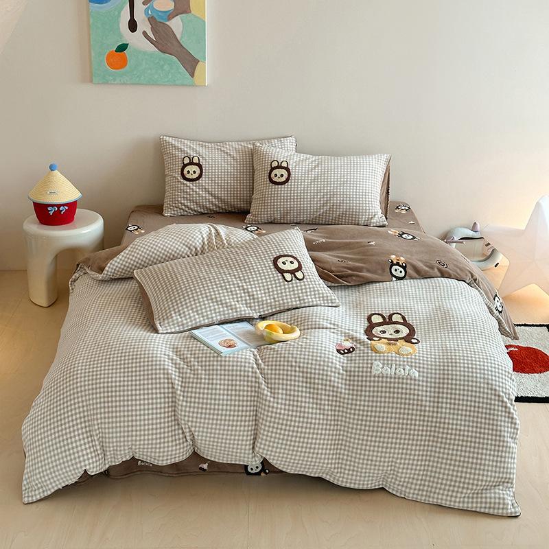 Cartoon Sticker Embroidered Thickened Milk Fleece Four-Piece Set Coral Fleece Thermal Bed Sheet Quilt Cover Student Bedding