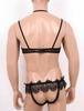 Mens Sissy See Through Sheer Mesh Lace Trim Lingerie Set Bra Top and Open Butt Brief Thong