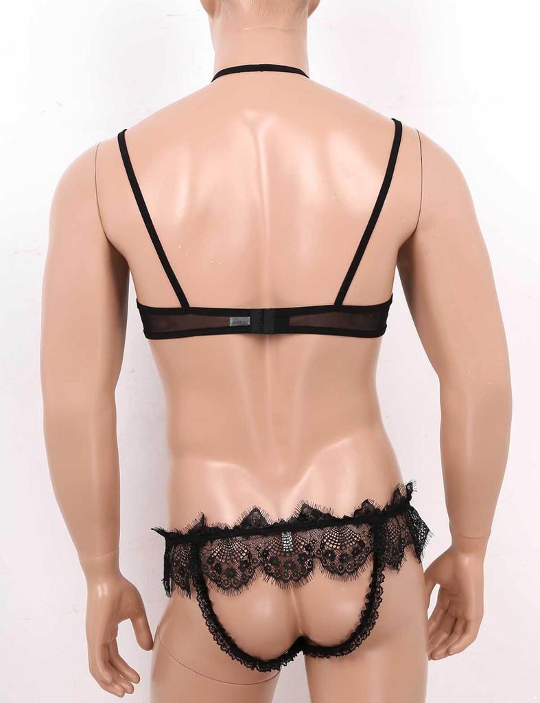 Mens Sissy See Through Sheer Mesh Lace Trim Lingerie Set Bra Top and Open Butt Brief Thong