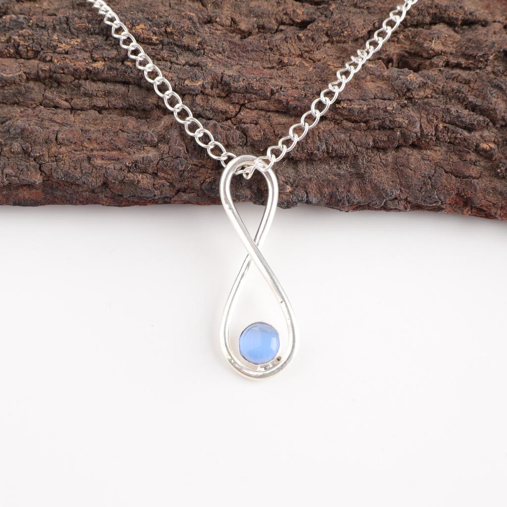 Dark Blue Cat's Eye Gemstone 925 Sterling Silver Jewelry Handmade Pendant 1.66" PP-20-41