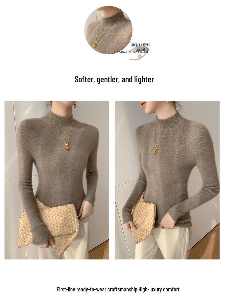 New Women's Slim Fit Cashmere Knit Half-High Neck Sweater for Autumn and Winter