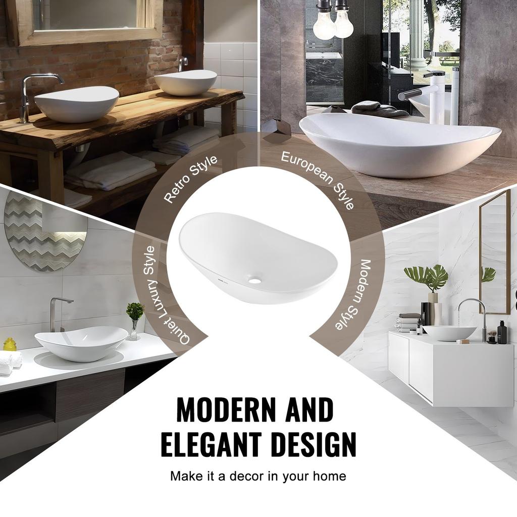 VEVOR Oval Vessel Sink, 23.3" x 14.2" Bathroom Vessel Sink Bowl Countertop, White Ceramic Bathroom Sinks Above Counter