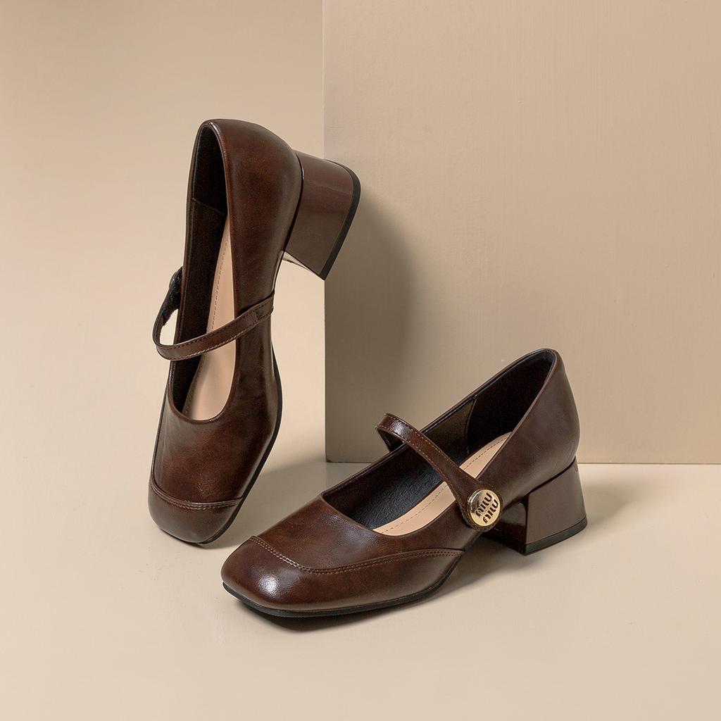 Square head thick heel shallow mouth Mary Jane shoes children's 2025 spring new one-word with small fragrant style retro French single shoes