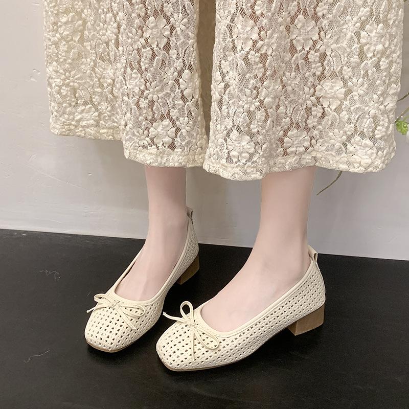 Square Head Gentle Temperament Mesh Women's Single Shoes 2025 Spring and Summer New Thin Shoes Medium Heel Shoes Square Head Commuting Single Shoes