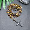 Collier pendentif croix en pierre naturelle, Croix en pierre d'œil de tigre et fer à bille chapelet collier pour homme