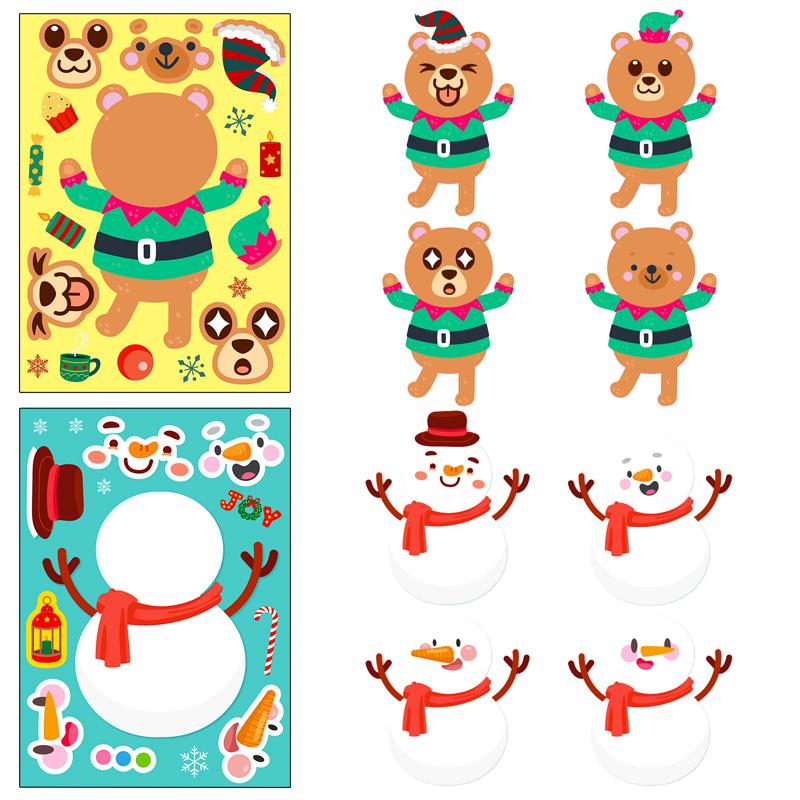 6 Sheets/Set Cartoon Christmas Theme Make a Face Stickers Children's Handmade DIY Sticker Puzzle for Gifts Packaging Decoration