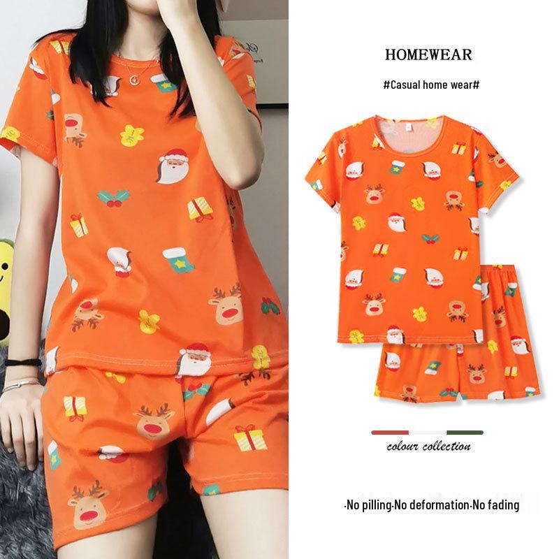 Women's Santa Claus Cartoon Short Sleeve Pajama Set - Soft, Comfortable Summer Loungewear