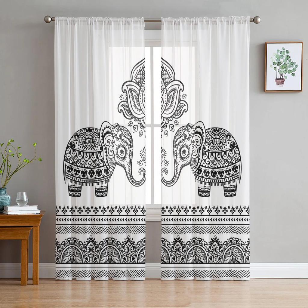 Elephant Big Stupid Bird Heart Gray Blue Curtains Living Room Bedroom Decoration Window Voiles Morning Tulle Curtain Sheer Polyester Sitting Decor