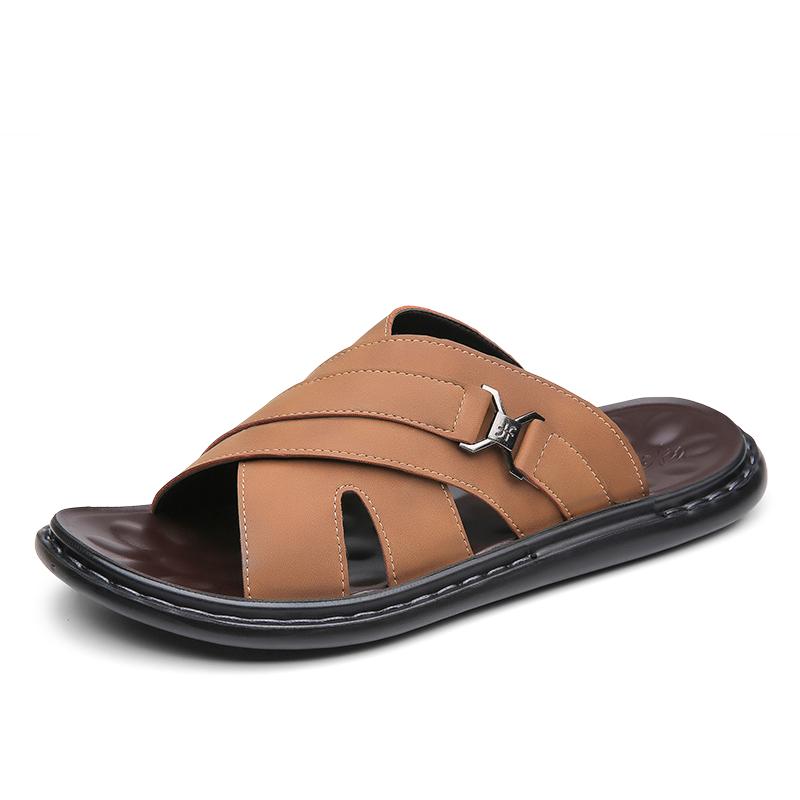 Men Black Leather Slippers Simple Flats Summer Brown Outdoor Roman Sandals Outdoor Beach Shoes Over Sized