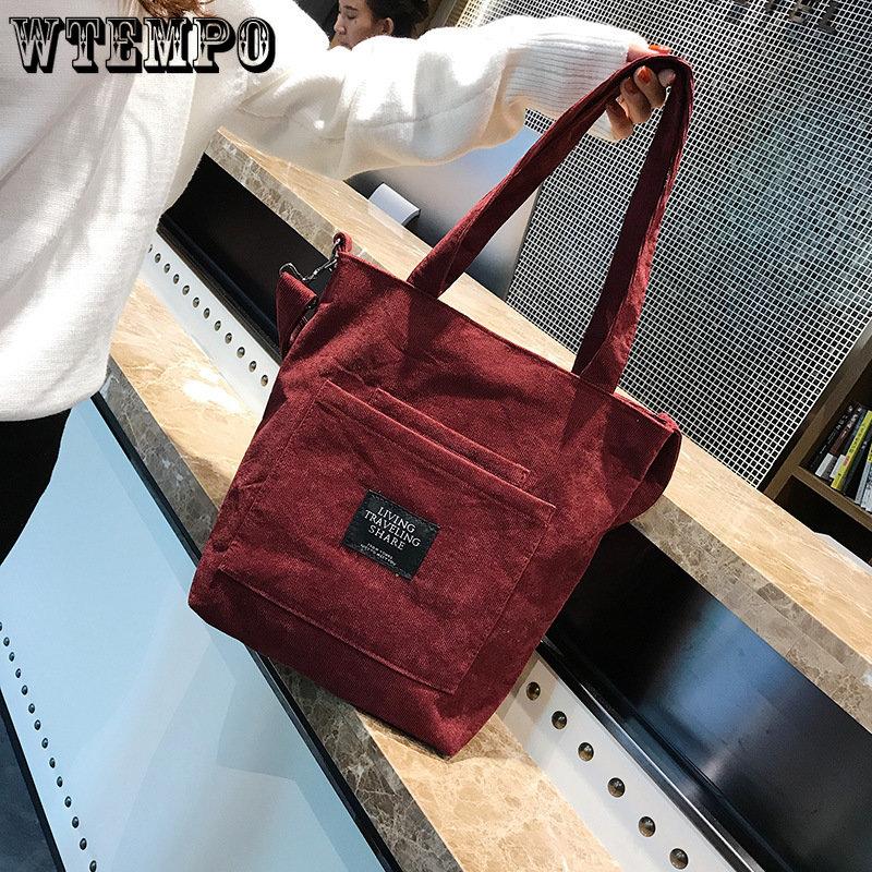 WTEMPO Women's Canvas Single Shoulder Bags Corduroy Large Capacity Crossbody Bag Female Casual Plaid Solid Color Handbags