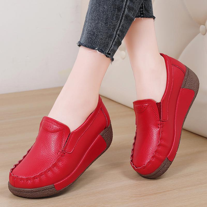 Retro Women Platform Shoes Leather Wedges Slip-on Loafers Anti-slip Walking Casual Footwear for Working Traveling