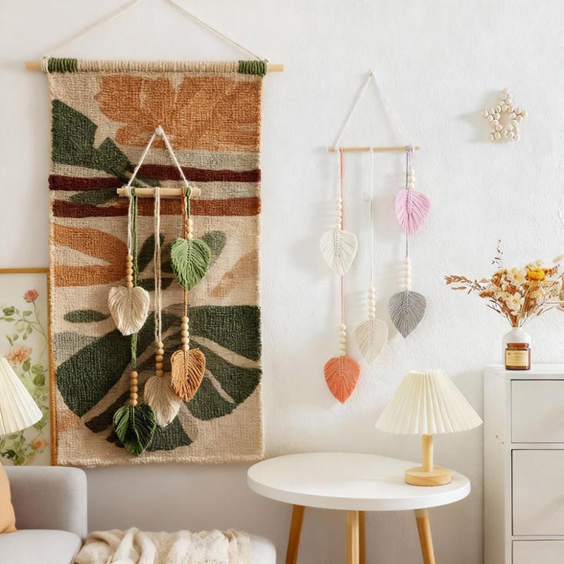 1PC Macramé Minimaliste Quatre Couleurs Bohème Mur DIY Feuille Tissé à la Main Suspendu Tapisserie Moderne Scandinave 70x25cm