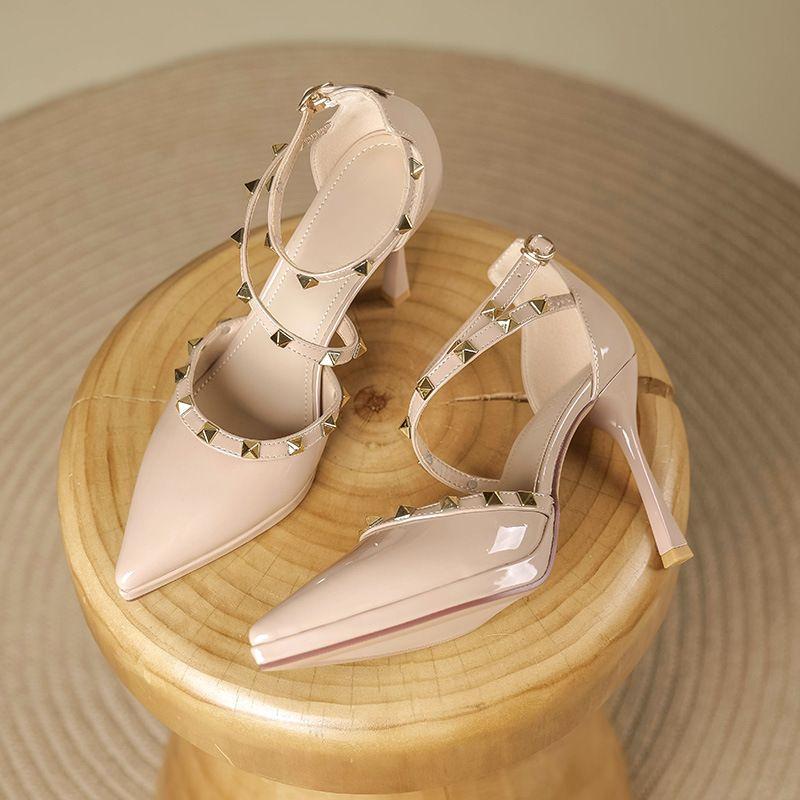 

Fashion Stiletto Sandals Summer New Sharp Head Shallow Mouth Color Rivets Metal One-line Buckle Anti-slip Wear-resistant High Heels 35