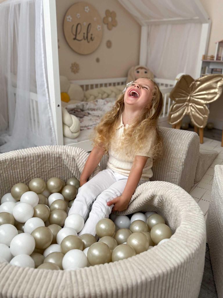 Parco giochi in schiuma con piscina 90x30 Velluto a coste Beige 200 palline: trasparente, bianco, perla, oro chiaro, opalescente