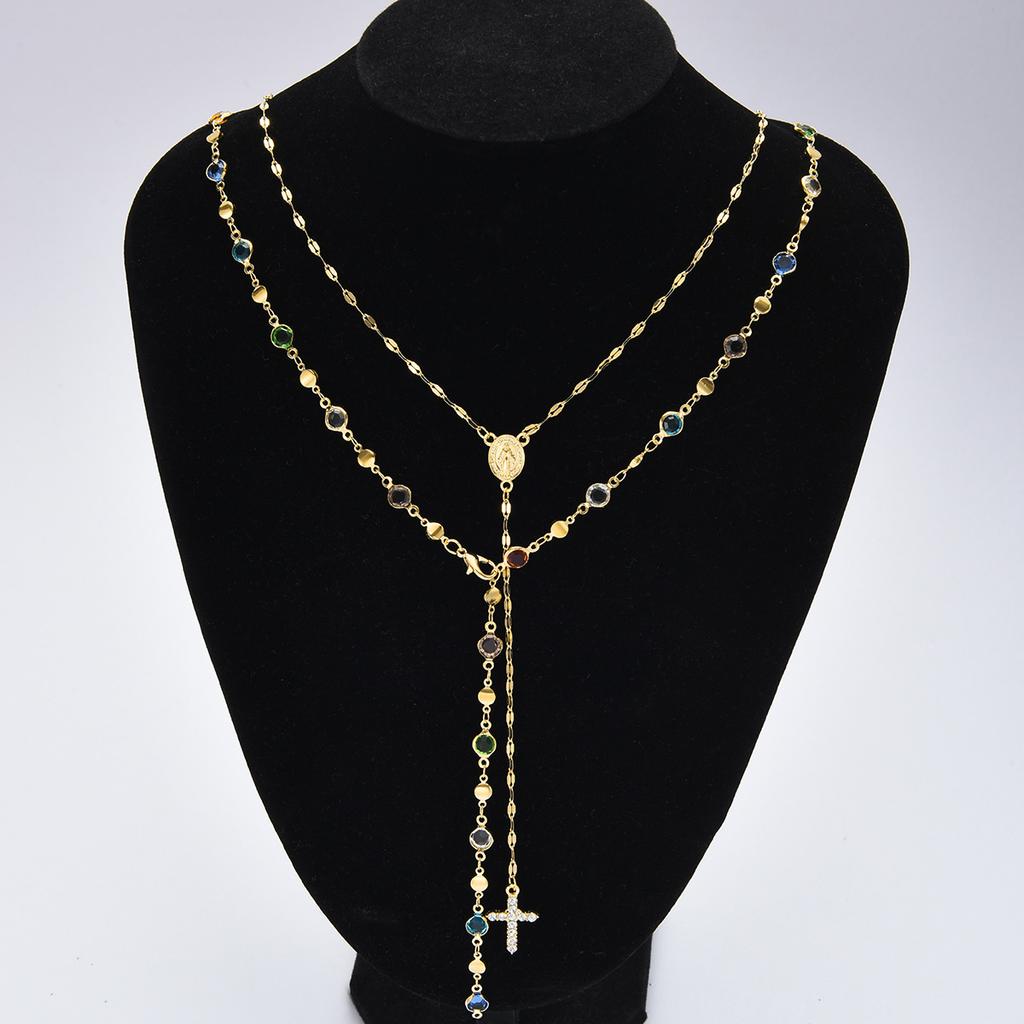 2 Pcs/Set Y-Shape Tassel Chain Multi-layered Necklace for Women Vintage Colorful Crystal Cross Necklaces Daily Wear Jewelry Gift