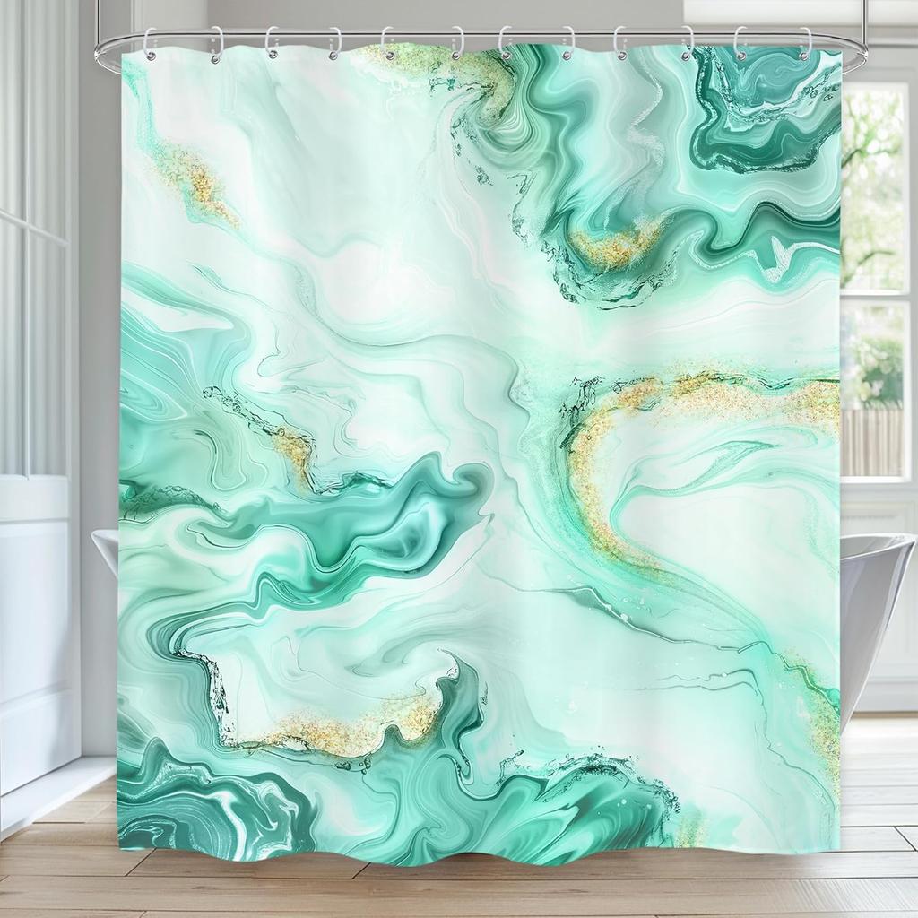 Blue Green Abstract Shower Curtain Modern Ombre Minimalist Marble Luxury Contemporary Simple Unique Cloth Fabric Waterproof