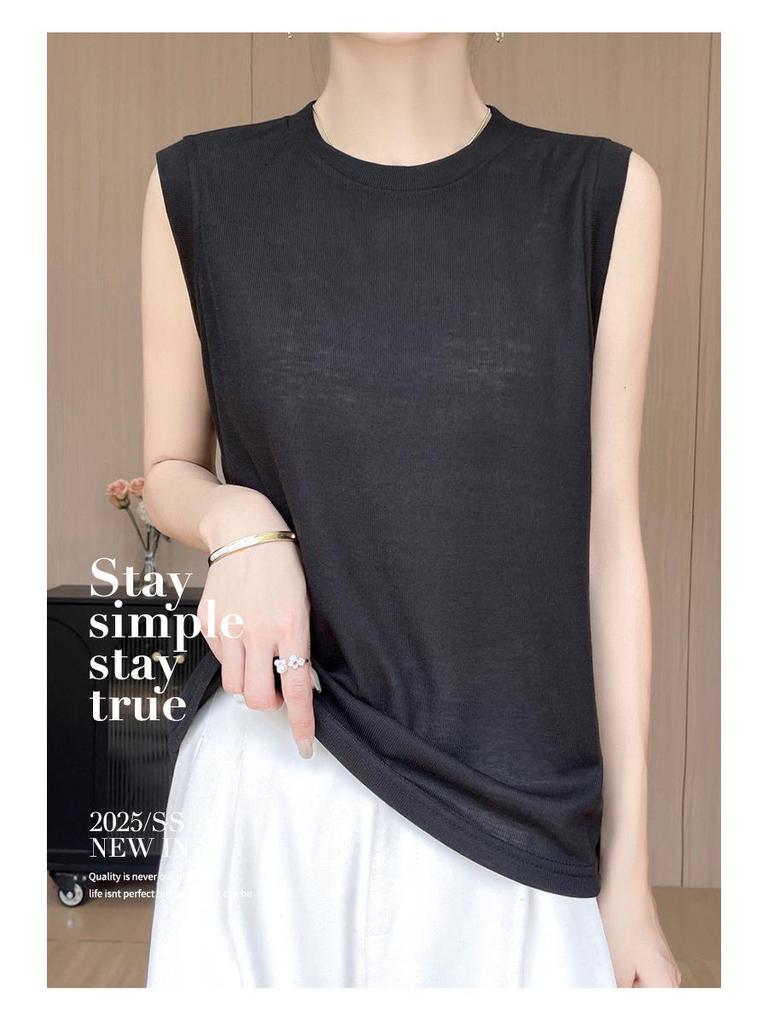 Minimalist Women's High Neck Fine Knit Thin Vest Pullover Camisole for Spring/Summer
