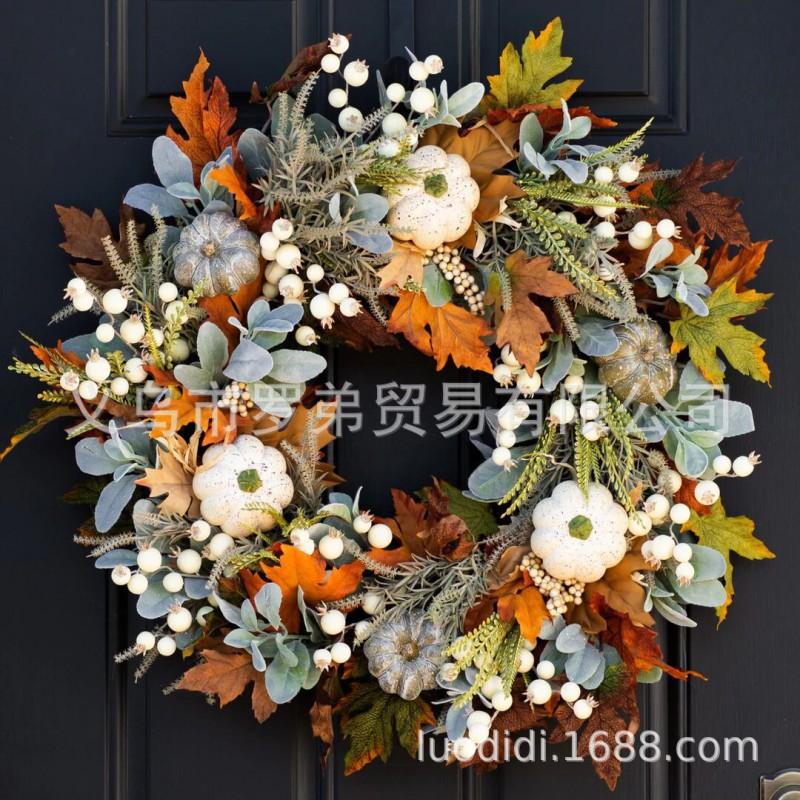 Harvest Wreath With Pumpkins Berries Vine Circle Halloween Thanksgiving Door Decor