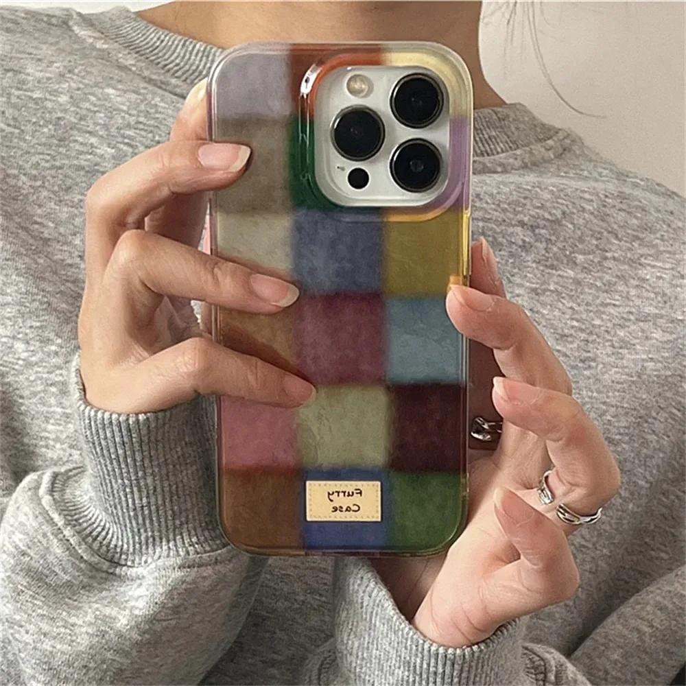 Dopamine Color Block Match Plaid Phone Case For iPhone 17 16 15 14 13 12 11 Pro Max Air 16E SE2 7 8 Plus Grid Label Matte Cover