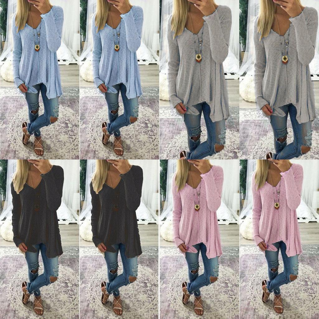Elegant Plus Size Women Long Sleeve Loose Blouse With Baggy V Neck Tunic T Shirt