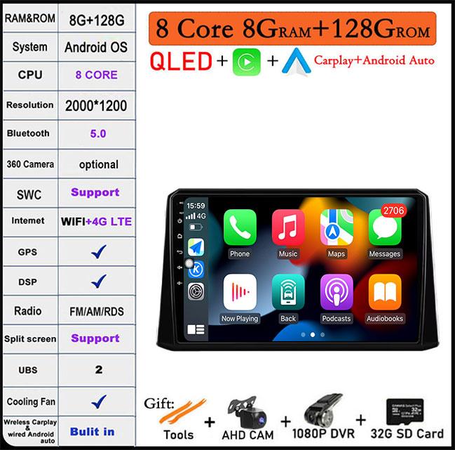 For Toyota Corolla 2019-2020 Auto GPS Navigation Android 14 WiFi lPS/QLED Screen RDS Stereo Radio CarMultimedia Player 4GLTE