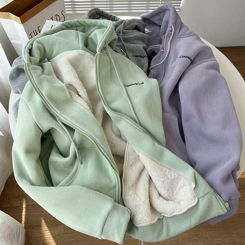 Hooded Cardigan for Women Velvet Thick Plush Fleece Coat Zipper Embroidered Letters Preppy Style Sweatshirt Korean Top Clothes