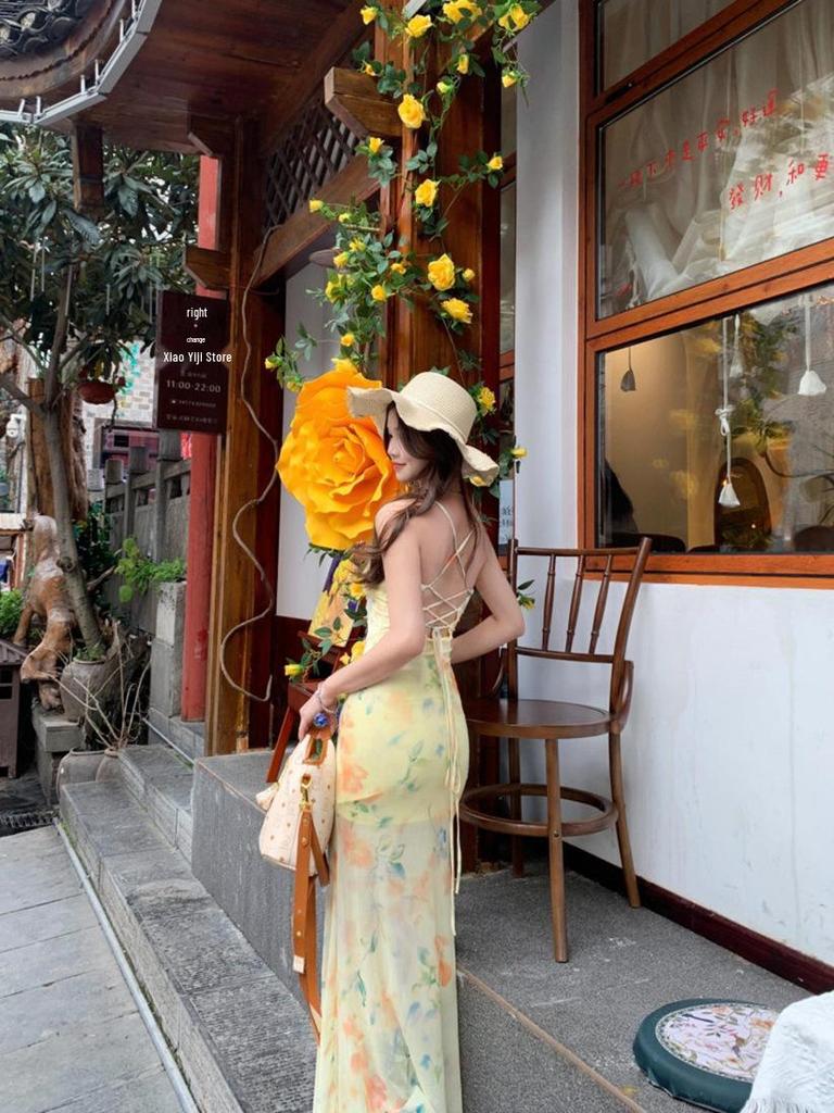 Women's Floral Tie-Up Backless Camisole Maxi Dress - Summer Waist-Cinched Mermaid Style