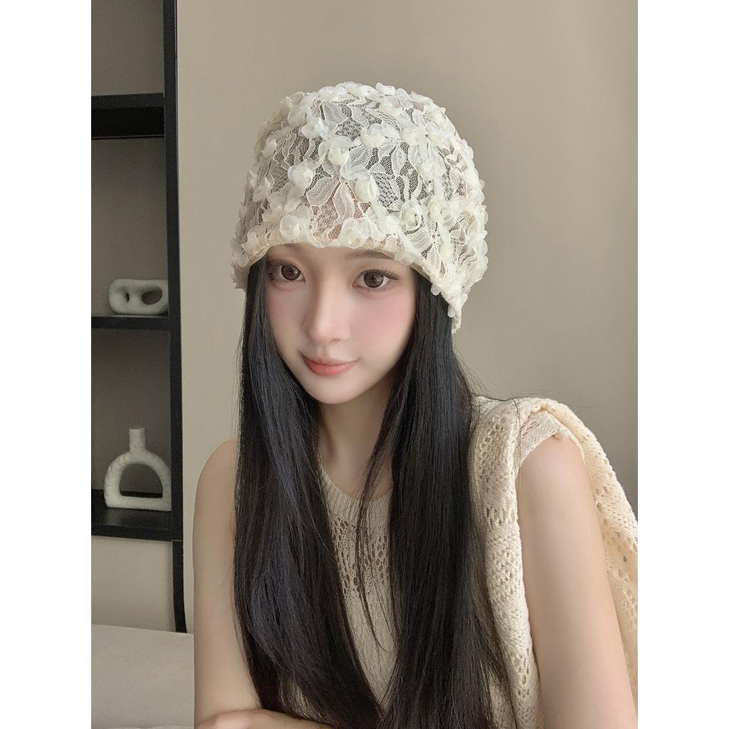 Women's Korean Minimalist Design 3D Flower Lace White Slouchy Hat Summer Hollow Breathable Thin Head-Wrapping Hat