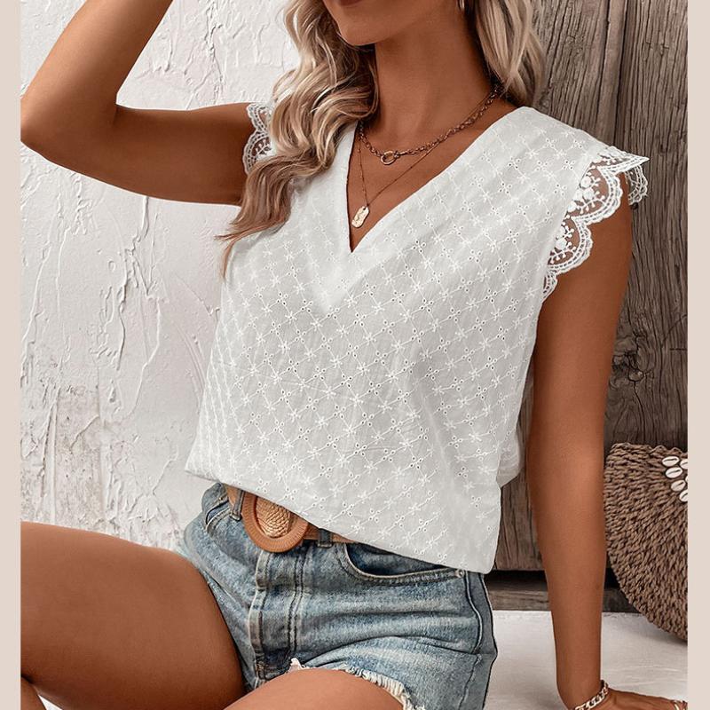 Summer New V Neck Lace Patchwork White Shirt Women Tops Sleeveless Elegant Solid Casual Women Blouse Vintage Slim Fit Hollow Backless Blouses 24733