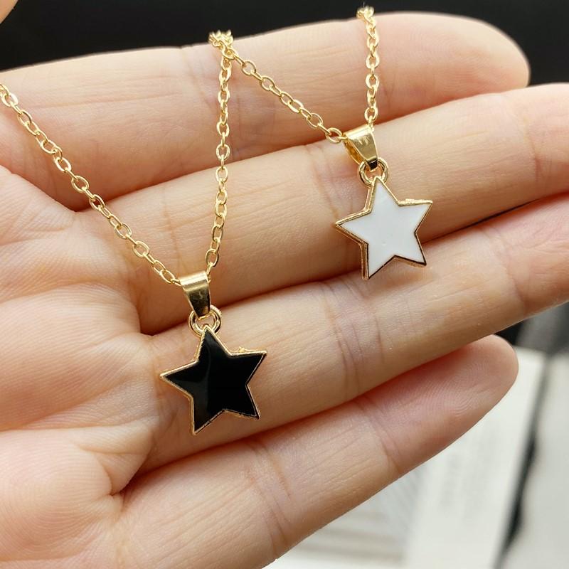 

Cute Lovely Star Pendant Necklace Black White Color Women Short Choker Gift for Frien Golden Color Link Chain Collar Zircon