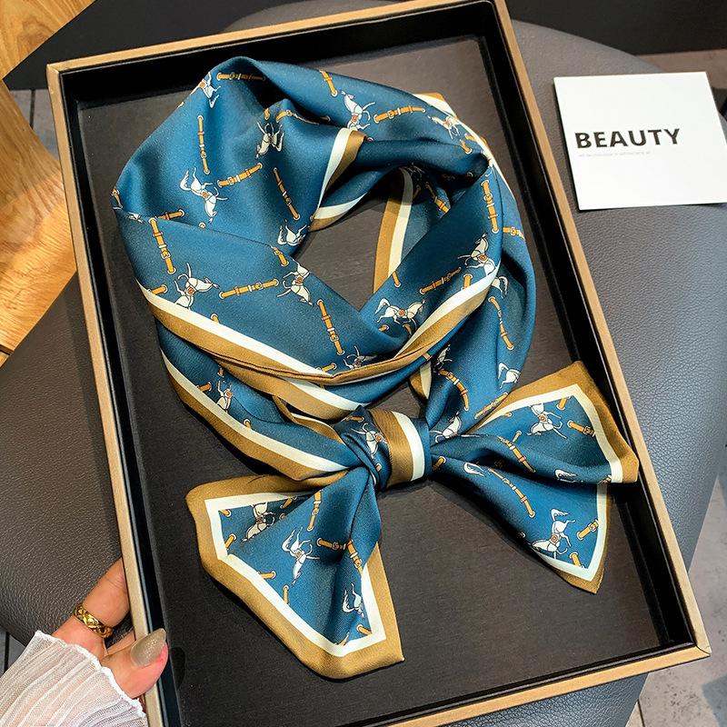 Luxury Design Horse Print Silk Scarf Women Long Soft Satin Hairband Neckerchief Office Hijab Headband Foulard Gift 15*145cm