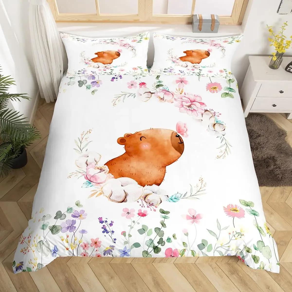 

Cute Capybara Print Bedding Sets Full Kawaii Honey Bee Comforter Cover,Cartoon Animals Bed Set Red Love Heart Print Duvet Cover US Twin(172x218cm)