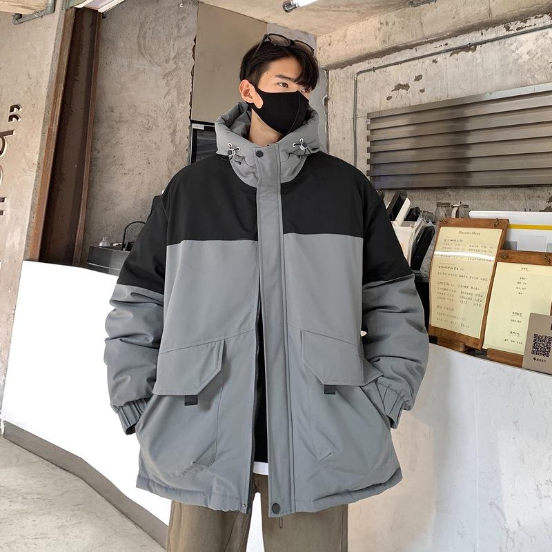 Winter new hooded feather tooling color matching fleece clothing fashionable versatile thickened warm and cold resistant couple jacket
