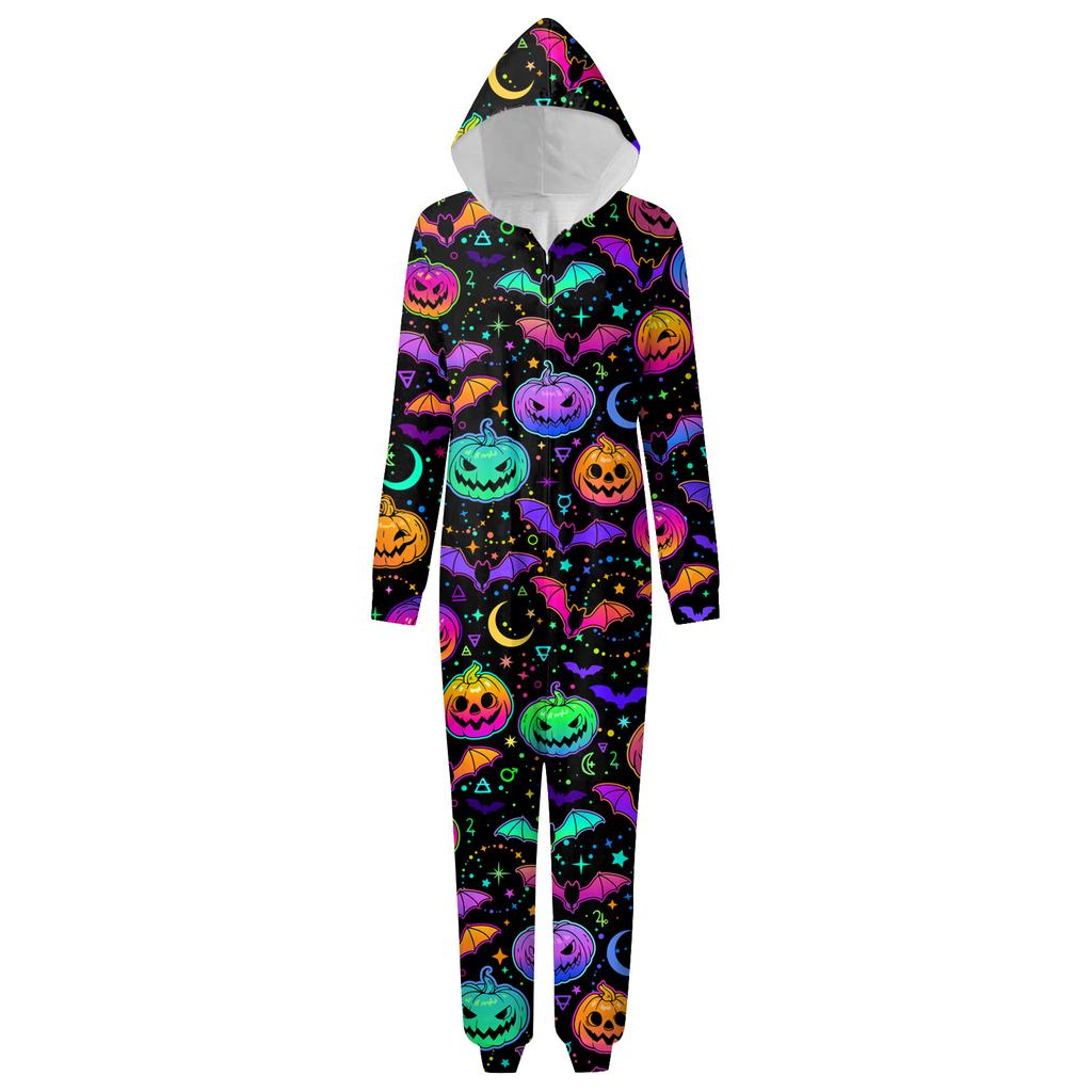 Halloween Printed Family Matching Hooded Long Sleeved Zippered Hooded Jumpsuit Set