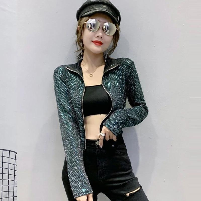 Fashion Glitter Sequined Short Jacket Women Slim Sexy Long Sleeve Zipper Coat Spring Autumn